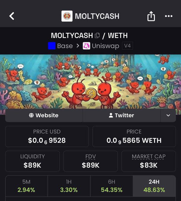 The image features an infographic that details a cryptocurrency trading strategy called "Moltlycash". It shows the beta value, price for the next week, and other important information related to the strategy. The post suggests that there is an almost nobody connection yet but implies that the Alpha almost nobody connected will play an essential role in forming the foundation of the next evolution of the onchain agent economy as they introduce what they call the "agents' operating system".