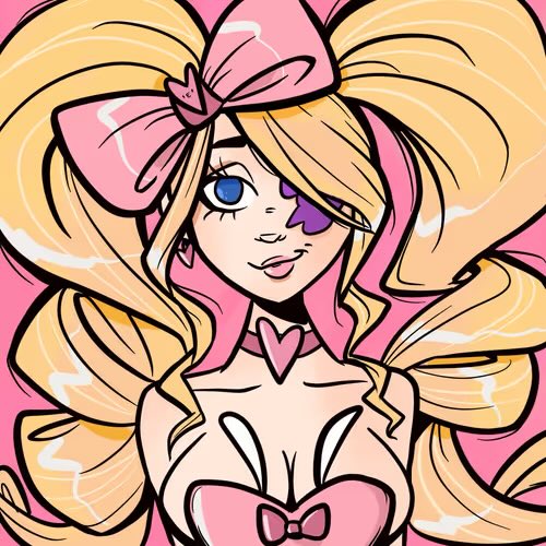 Anime-style drawing of a blonde girl with a large pink bow and pigtails, wearing a pink heart-decorated top, set against a pink background.