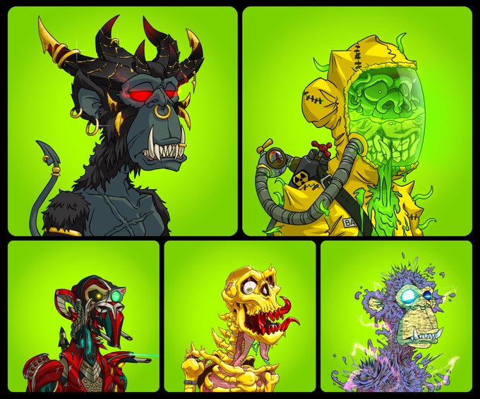 The image is a character collage featuring five illustrated Mutant Ape NFTs from the Bored Ape Yacht Club collection, each rendered in a unique variant style (including a wizard, hazmat suit, red tribal, gold skeleton, and purple mutant), set against bright green backgrounds with "BA" signatures visible. The collage celebrates the 5-year anniversary of the Mutant Ape collection, matching the post's commemorative message about the project's milestone and the community's enduring commitment to holding ("ape until the very end").