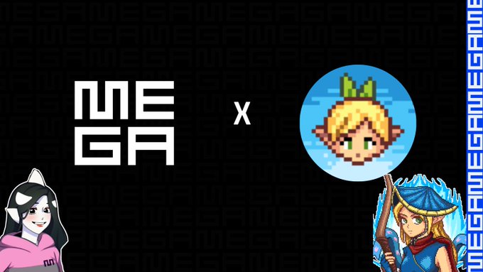 Promotional graphic featuring the MEGA logo next to a pixel-art character with green eyes in a circular frame, with anime-style characters in the corners and a Greek key border.