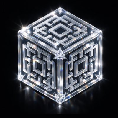 A translucent, intricately carved silver or metallic cube with geometric patterns floats against a black background, illuminated by bright light flares at its corners.