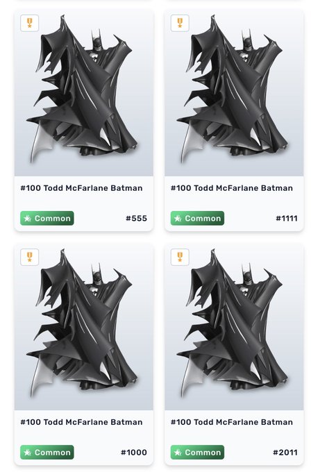 Four identical digital trading cards each labeled '#100 Todd McFarlane Batman' marked as Common, with edition numbers #555, #1111, #1000, and #2011, showing Batman in his black cape.