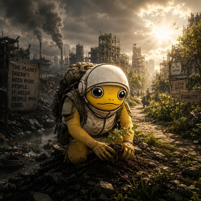 A yellow alien figure in a space helmet plants a sapling amidst a ruined industrial wasteland, with signs reading "THE PLANET DOESN'T NEED MORE PEOPLE, IT NEEDS PEOPLE WHO CARE," "BE THE CHANGE," "CLEAN WATER," and "EDUCATION EQUALITY," visually echoing the post's message of renewal, sustainability, and hope for a brighter future tied to $TURBO.