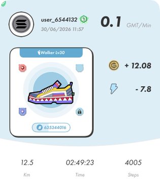 A Misfit/shopify-style fitness achievement card for user_6544132 showing a Walker Lv30 NFT-style sneaker collectible, with 12.5 km walked in 2:49:23 and 4005 steps.