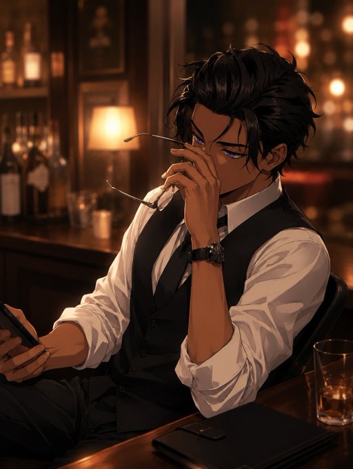 An anime-style image of a man with dark hair and purple eyes, dressed in a white shirt, black vest, and tie, sitting at a bar holding glasses and a phone.