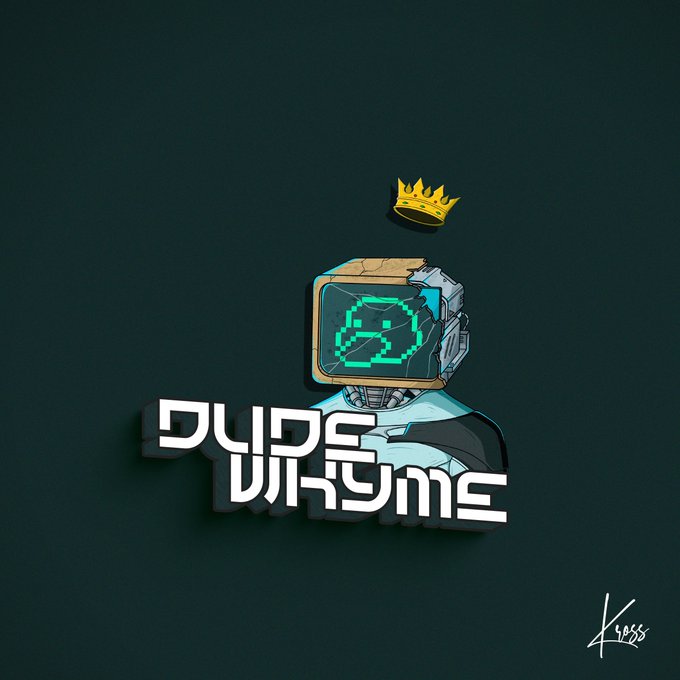 Digital artwork featuring a robot with a pixelated cat face on its screen, wearing a floating yellow crown, with stylized text 'DUDE VIRUSME' against a dark background.