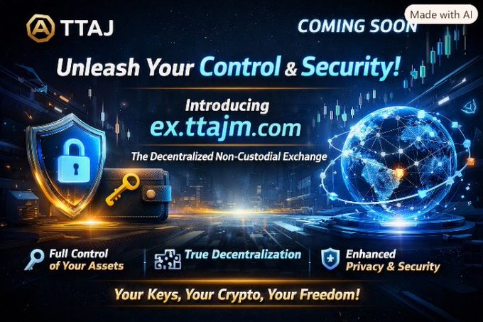A promotional graphic for TTAJ advertising 'COMING SOON' and 'Unleash Your Control & Security! Introducing ex.ttajm.com - The Decentralized Non-Custodial Exchange,' featuring a shield with a padlock, a wallet with a key, and a globe, with the tagline 'Your Keys, Your Crypto, Your Freedom!' and a 'Made with AI' badge.