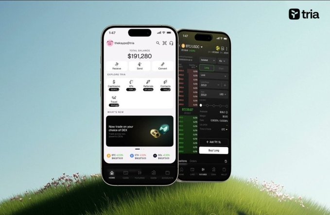 Two iPhones displaying the Tria crypto app showing a total balance of $191,280 and trading interface on a grassy background.