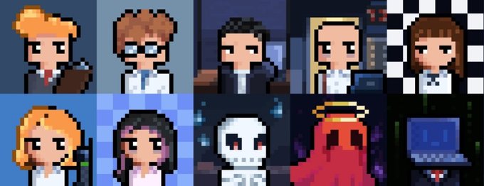A grid of ten pixel art character portraits depicting various office workers and figures including a person with orange hair, a man with glasses, a skeleton, and a computer monitor character.