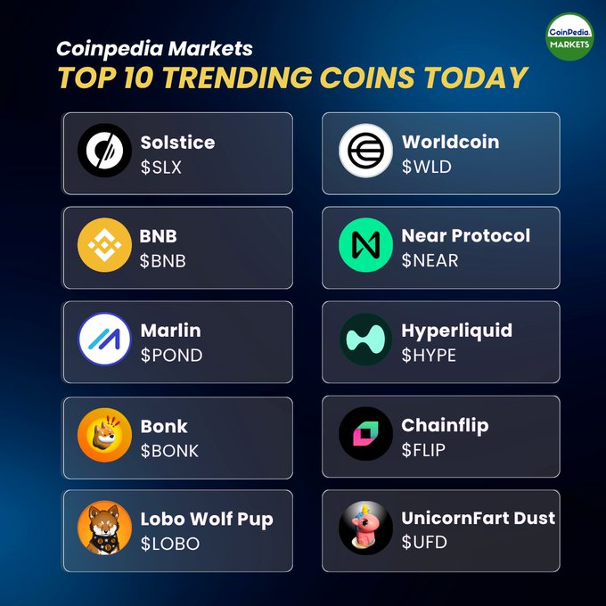 The image shows a list of the top 10 most popular cryptocurrencies as seen on CoinpediaMarkets, with their respective market cap values. These include Bitcoin, Solstice (Solice), Worldcoin (WLD), BNB (BNB), Near Protocol (NEAR), Marlin (POND), Hyperliquid (HYPE), Bonk (BONK), Chainflip (FLIP), and Lobo The.