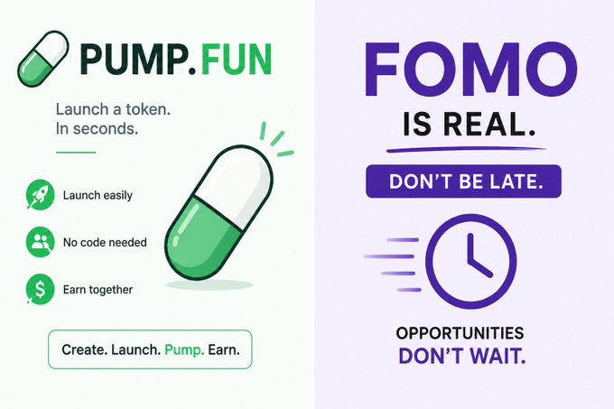 The image is a side-by-side comparison: the left side shows a "PUMP.FUN" ad for easy token creation with a tagline "Launch a token. In seconds" and pill imagery, while the right side warns "FOMO IS REAL. DON'T BE LATE." with a clock icon and "OPPORTUNITIES DON'T WAIT."

The image visually captures the post's dilemma, contrasting the easy, accessible approach of Pump.fun against the urgency-driven fear of missing out, giving viewers a clear choice between the two crypto mindsets.