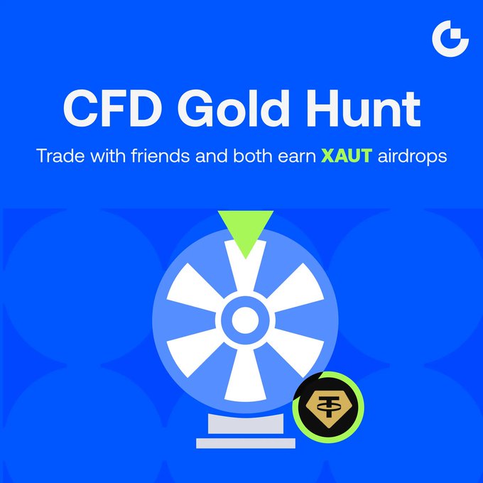 A promotional graphic for "CFD Gold Hunt" with the tagline "Trade with friends and both earn XAUT airdrops," featuring a roulette wheel design and a gold token icon on a blue background.