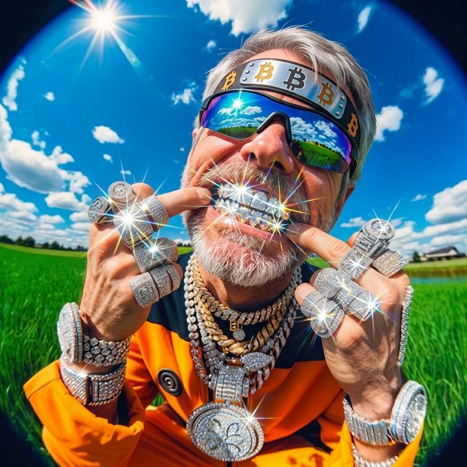 A man adorned with diamond-encrusted Bitcoin jewelry, sunglasses reflecting a sunny sky, and a Bitcoin headband flashes a sparkling smile, embodying the lavish wealth that comes with Bitcoin investing—mirroring Michael Saylor's $4 billion Bitcoin fortune contrasted against the $800 million gain from shorting the market in "The Big Short."