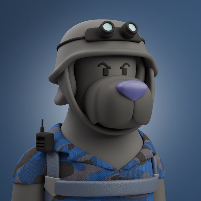 A 3D-rendered cartoon dog character dressed in tactical gear, featuring a gray helmet with night-vision goggles, a blue camouflage shirt, a harness, and a walkie-talkie on the shoulder. The image visually represents the "Pixel Pup" mascot referenced in the post about staking rewards and lifetime membership perks.