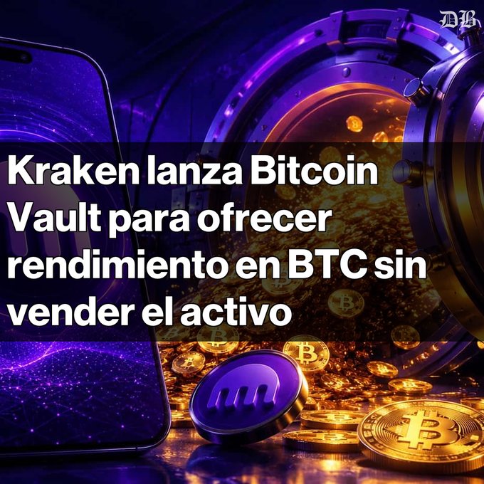 The image features a cell phone with a gold coin sitting next to it, along with some text that reads "Kraken lanza Bitcoin Vault Una nueva herramienta para obtener rendimiento en BTC sin vender el activo". The main focus of the image is on the cell phone and its surroundings.
