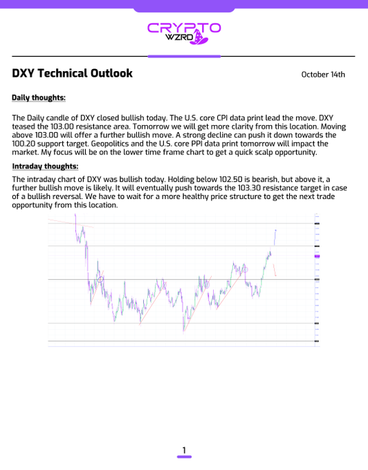 A 'DXY Technical Outlook' document from CryptoWZRD dated October 14th features a larger candlestick chart and analysis of the U.S. dollar index movements.
