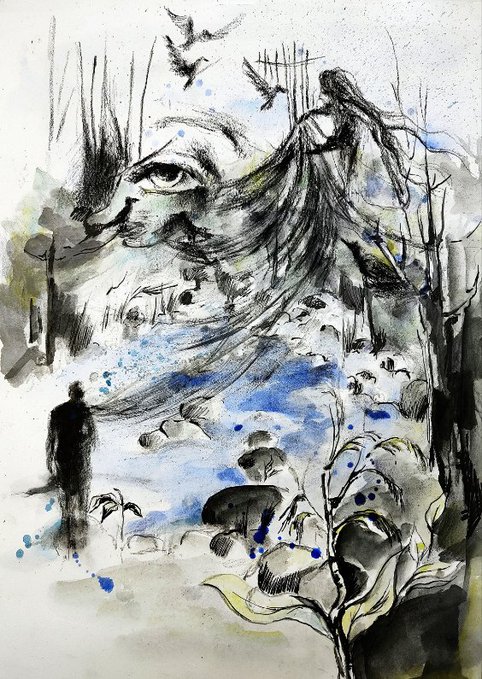 A watercolor and ink illustration blending a human face, a woman in a flowing dress, and surrounding foliage with splashes of blue paint.