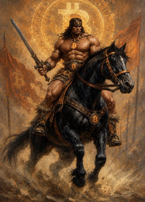 A muscular barbarian warrior wielding a sword charges forward on a powerful black horse, adorned with multiple Bitcoin (₿) logos on his belt, chest, horse's harness, and surrounded by Bitcoin banners and a glowing halo featuring the cryptocurrency's symbol. The illustration riffs on the iconic imagery of "Conan the Barbarian" by reimagining the legendary hero as a devoted Bitcoin maximalist, with the ₿ symbols serving as sacred emblems of his digital-age crusade.