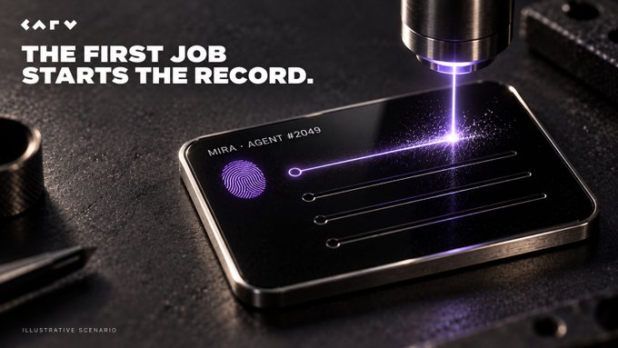A laser engraves "MIRA · AGENT #2049" and a fingerprint alongside a work record onto a metallic chip, visually echoing the message that an AI agent's first job forges a verifiable, traceable identity. The engraved fingerprint and agent ID symbolize how CARV anchors actions to provable identity and evidence rather than mere claims.