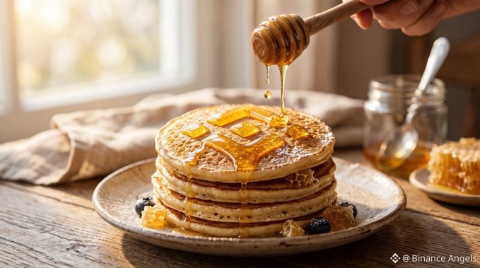 A stack of golden pancakes sits on a plate with berries and honeycomb, as a hand drizzles fresh honey from a wooden dipper, evoking the indulgent "Breakfast for Champions" theme. A jar of honey and extra honeycomb sit nearby on the wooden table.