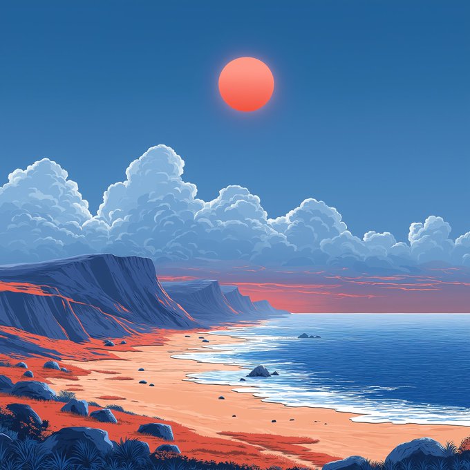 A pixel art style illustration of a coastal landscape featuring a red sun setting over the ocean, with cliffs, a sandy beach, and large fluffy clouds.