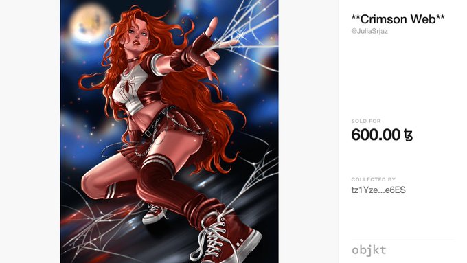 An NFT listing on objkt titled '**Crimson Web**' by @JuliaSrjaz, depicting a red-haired character with spiderwebs, sold for 600.00 Tez by collector tztYZe...e6ES.