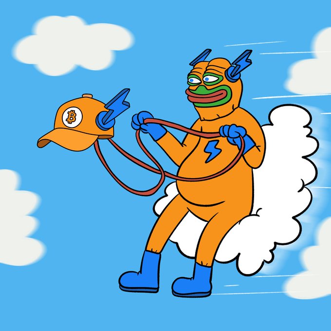 A cartoon illustration of a Pepe the Frog character in an orange superhero costume with blue lightning bolt accents, holding a Bitcoin-branded cap on a string in a blue sky with clouds.