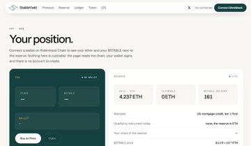 Screenshot of the StableYield web interface showing a wallet dashboard with an ETH balance of 4.237 ETH, 0 ETH in stables across 161 wallets.