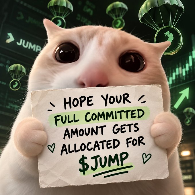 A meme-style image of a cat holding a handwritten sign that reads 'HOPE YOUR FULL COMMITTED AMOUNT GETS ALLOCATED FOR $JUMP' against a green background with parachutes and charts.