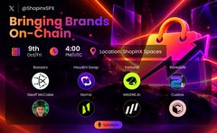 A promotional graphic titled 'Bringing Brands On-Chain' by @shopinpix, featuring logos of brands like Hooters, NZXT, Wendy's, and Marriott.