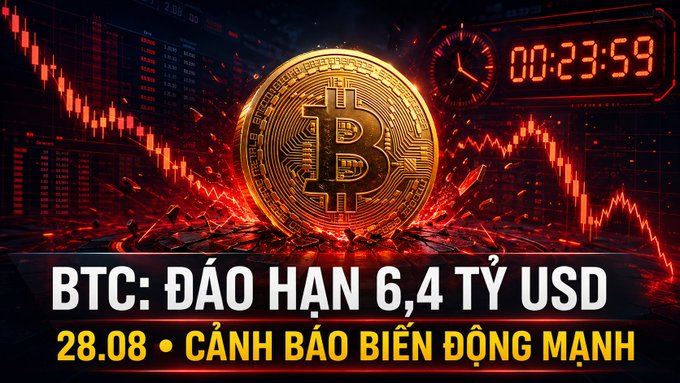 Bitcoin-themed graphic showing a golden BTC coin against a red chart background, with text reading 'BTC: ĐÁO HẠN 6,4 TỶ USD' and '28.08 • CẢNH BÁO BIẾN ĐỘNG MẠNH'.