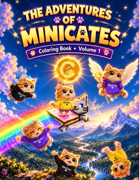 Cover of a coloring book titled 'THE ADVENTURES OF MINICATES Coloring Book, Volume 1', featuring cartoon cats with various props against a mountain landscape.