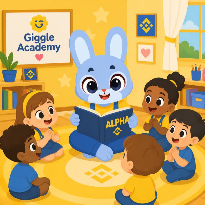 A colorful cartoon showing a blue bunny reading a book titled 'ALPHA' to a group of children in a classroom with a 'Giggle Academy' sign on the wall.