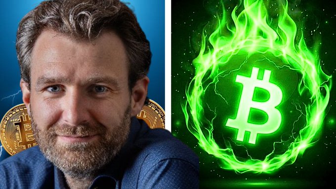 A bearded man is pictured alongside a glowing green Bitcoin logo surrounded by flames, suggesting content related to cryptocurrency.
