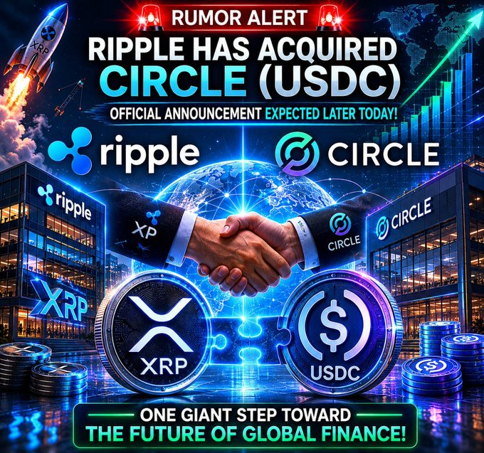 The image features a poster with two hands shaking hands over a coin. The background is blue, and various cryptocurrencies like Ripple, Bitcoin, and Ethereum are visible. The central text states that Ripple has acquired Circle, an issuer behind the stablecoin USDC. A rumor suggests that this development could be significant for global finance.