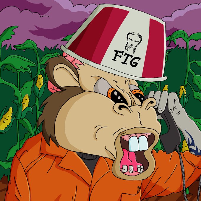 A cartoon illustration of a screaming monkey wearing an orange prison jumpsuit and a red-and-white striped bucket hat with 'FIG' written on it, talking on a phone in a cornfield.