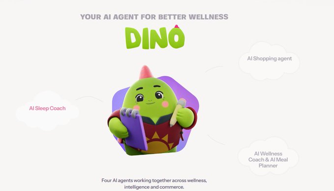 A promotional graphic for 'DINO,' described as 'YOUR AI AGENT FOR BETTER WELLNESS,' showing a green dinosaur character holding a notepad alongside labels for AI Sleep Coach, AI Shopping agent, and AI Wellness Coach & AI Meal Planner.