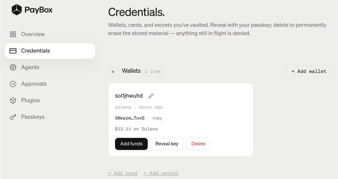 Screenshot of PayBox Credentials showing a single Solana wallet named "sol1jhwuhd" with address $Neazm_TovG holding $12.11 via moonx mpc, confirming a recent top-up funded through MoonPay.