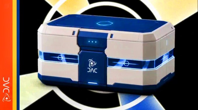 A futuristic white and blue crate-like device featuring glowing blue accents and the 'OAC' logo, displayed against a golden X-patterned background.