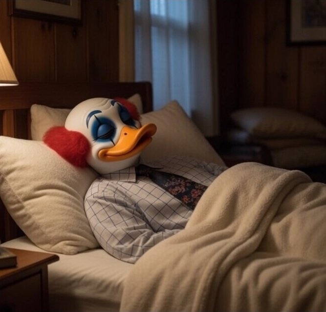 The image features a clown mask with an orange beak and red eyes lying down on a bed. The clown appears to be sleeping or taking a nap while wearing its costume. The background of the image includes a window, suggesting that the scene takes place in a bedroom setting.