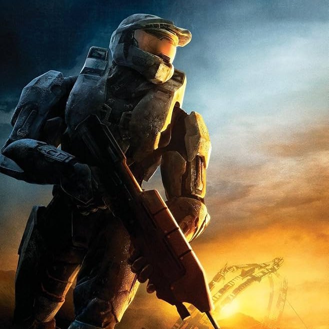 A dramatic digital illustration of Master Chief from the Halo video game series, holding a rifle against a dramatic orange sunset sky with the Halo ring visible in the distance.