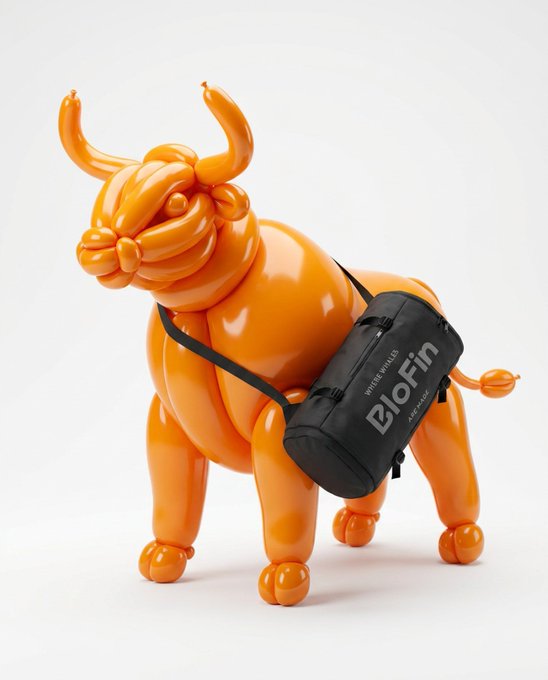 An orange inflatable bull figurine wears a black duffel bag branded with "EloFin" and "Made for the Whales" text, visually tying into the caption "Made for the Whales" by literally outfitting the bull with a whale-themed accessory.