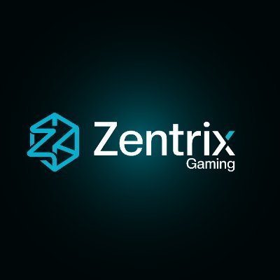 Zentrix Gaming logo featuring a blue geometric emblem next to white 'Zentrix' text with 'Gaming' underneath on a dark gradient background.