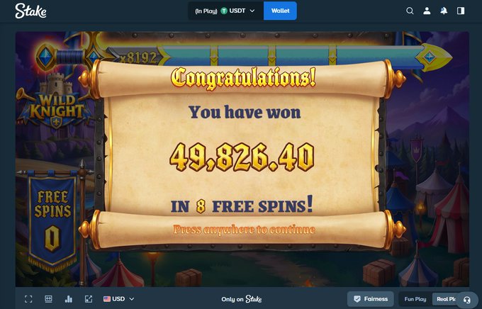 A "Congratulations! You have won 49,826.40 in 8 free spins!" message is displayed on a Stake casino screenshot featuring the Wild Knight slot game, illustrating the user's claim of hitting a "$6 super bonus" payout.