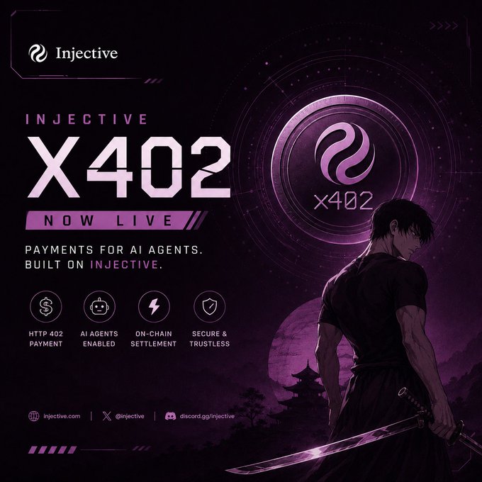 The image features a man holding a sword, standing against a purple background with a large purple circle containing the word "X402" written inside of it. The text also includes information about an injective platform called X402, which allows users to make payments for agents and build on their own injective applications.
