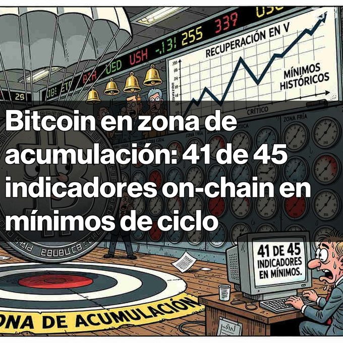 A cartoon illustration depicts a stressed trader at a desk monitoring financial gauges and a falling line graph, with text overlays reading "Bitcoin en zona de acumulación: 41 de 45 indicadores on-chain en mínimos de ciclo" and a monitor displaying "41 DE 45 INDICADORES EN MÍNIMOS," visually reinforcing the post's message that Bitcoin is at historic accumulation levels with 41 of 45 on-chain indicators at cycle lows.