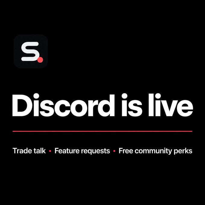 A Scarlett logo appears above the bold text "Discord is live," with a red underline and three featured community offerings listed below: "Trade talk • Feature requests • Free community perks." The graphic serves as a promotional announcement inviting viewers to join the Scarlett Discord server using the link provided.