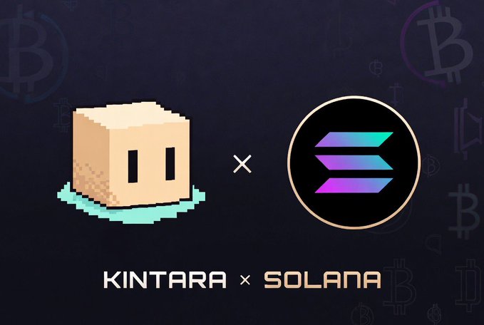A promotional banner featuring a pixelated block character crossed with the Solana logo, with 'KINTARA × SOLANA' text on a dark background with faint Bitcoin icons.