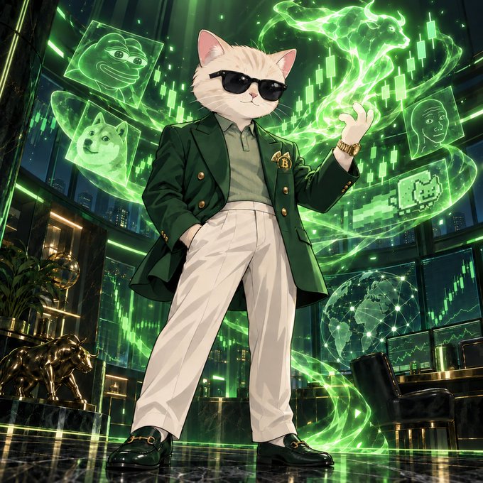 An anime-style illustration depicts a white cat wearing sunglasses, a green blazer with a Bitcoin pin, and white pants, standing in a luxurious room filled with glowing green holographic stock charts and crypto symbols.