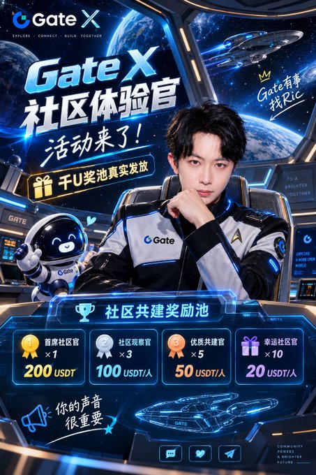 A promotional graphic for 'Gate X' community experience featuring a young man in a Gate-branded jacket with a mascot character and prize pool information.